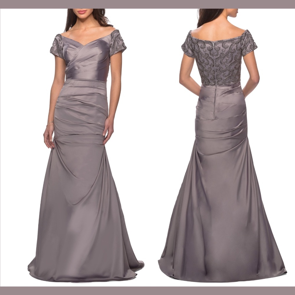 NWT $498 La Femme Beaded Back Off the Shoulder Gown Silver/Grey [SZ‎ 4 ]